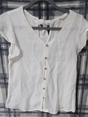 Cream Button-Front Women's Blouse with Tie Back